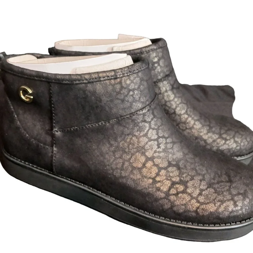 NEW GBG‎ Los Angeles Alena Faux Fur Slip-On Ankle Boots Black/Gold Size 6.5